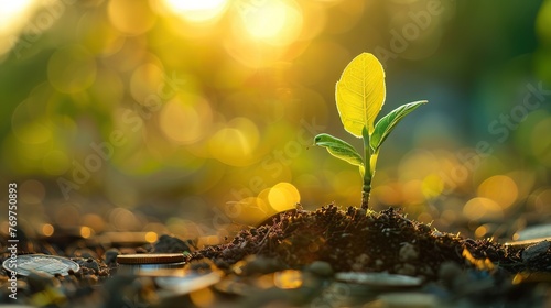 A seedling growing from a pile of coins, illustrating investment and growth in business