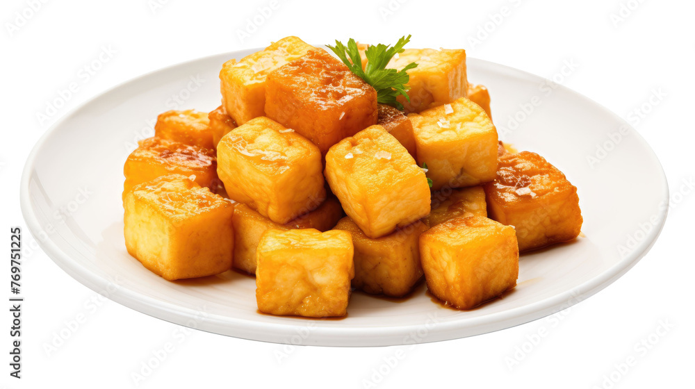 Plate of fried tofu cubes isolated on transparent a white background Plate of fried tofu cubes isolated on transparent a white background