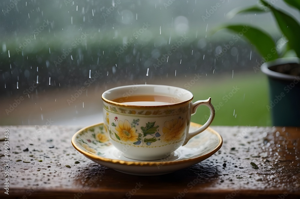 beautiful cup filled with tea in rainy morning - obrazy, fototapety, plakaty 
