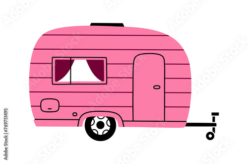 Hand drawn cute cartoon illustration camping trailer. Flat vector outdoor tourism car sticker in colored doodle style. Motor vehicle for campsite icon. Adventure, vacation. House on wheels. Isolated.