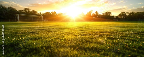 Soccer field green grass at sunset
