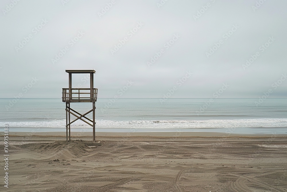 An empty lifeguard tower on a deserted beach, with the calm ocean extending to the horizon