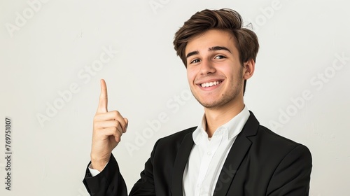 Portrait of young caucasian business man against a white background isolated smiling and pointing aside, showing something at blank space, bright, digital photography, Panasonic S5, studio lightning,  photo