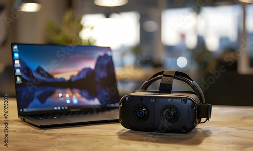 photo virtual reality headset and laptop in business office
