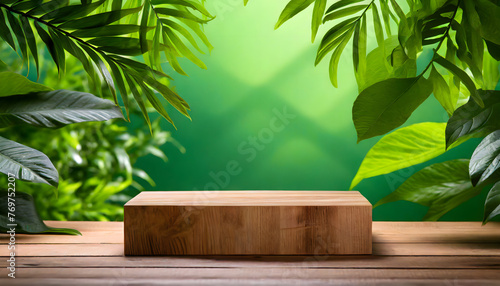Photo wooden podium on green background. Generative AI.