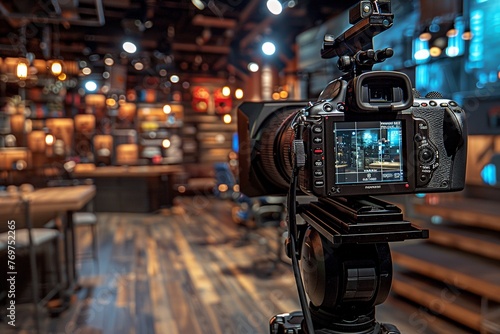 Envision a modern video camera with a digital display capturing an interview in a TV show studio. The blurred background draws focus to the camera and the recording session