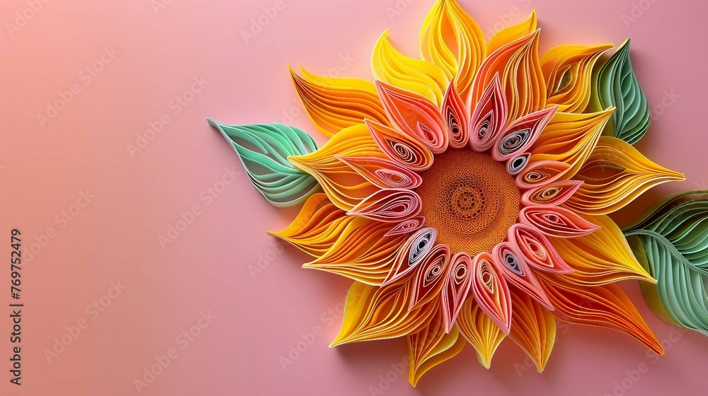 Paper quilling sunflower isolated on pink background.  - obrazy, fototapety, plakaty 
