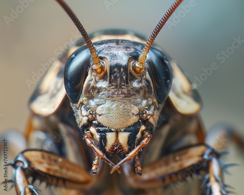 Closeup of a cockroachs head, highlighting its antennae and compound eyes, ideal for entomological research © Shutter2U
