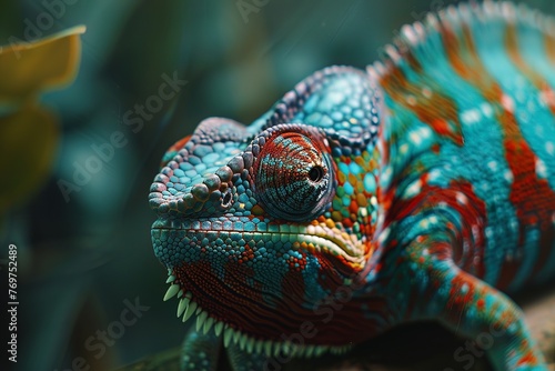 Closeup of a chameleon changing color, capturing the transition in realtime, perfect for studies on reptilian adaptation