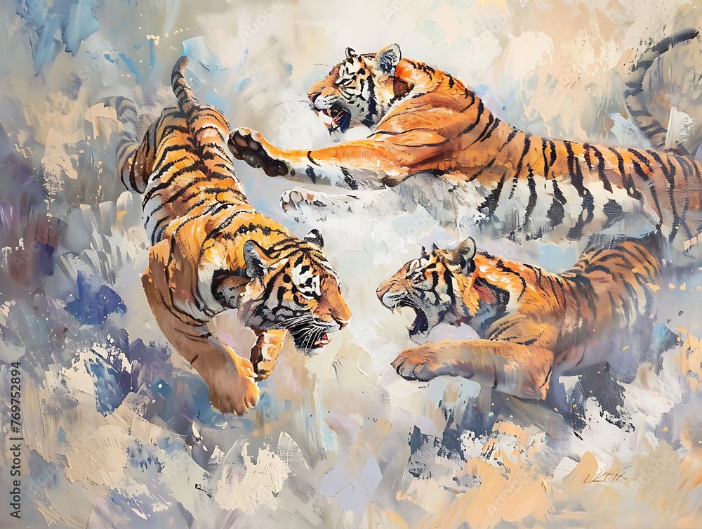 Fototapeta premium Painting tiger wallpaper shows strength and victory.
