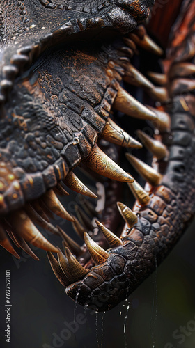 Closeup of an Allosaurus jawbone, capturing the teeth arrangement and bite force, perfect for predatory mechanisms studies