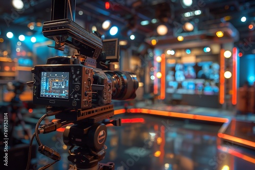 Envision a modern video camera with a digital display capturing an interview in a TV show studio. The blurred background draws focus to the camera and the recording session