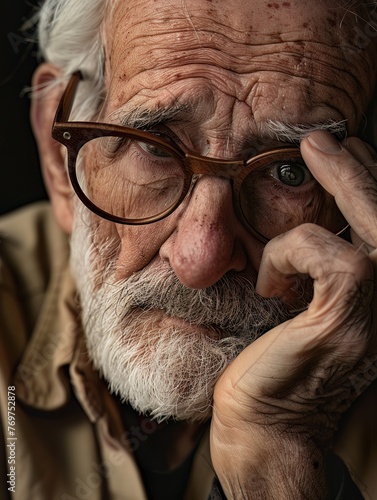 Contemplative senior male with glasses, embodying a life of experience and insight photo