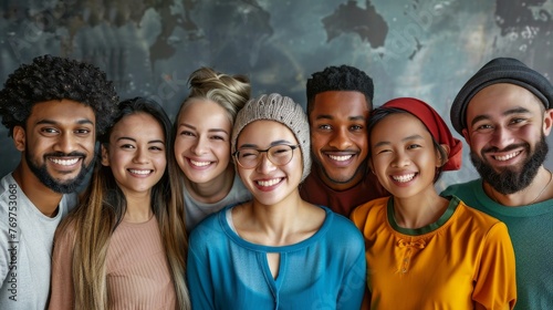 Diverse group of joyful friends smiling together. Ideal for themes of friendship, diversity, and inclusivity, suitable for campaigns and social media.