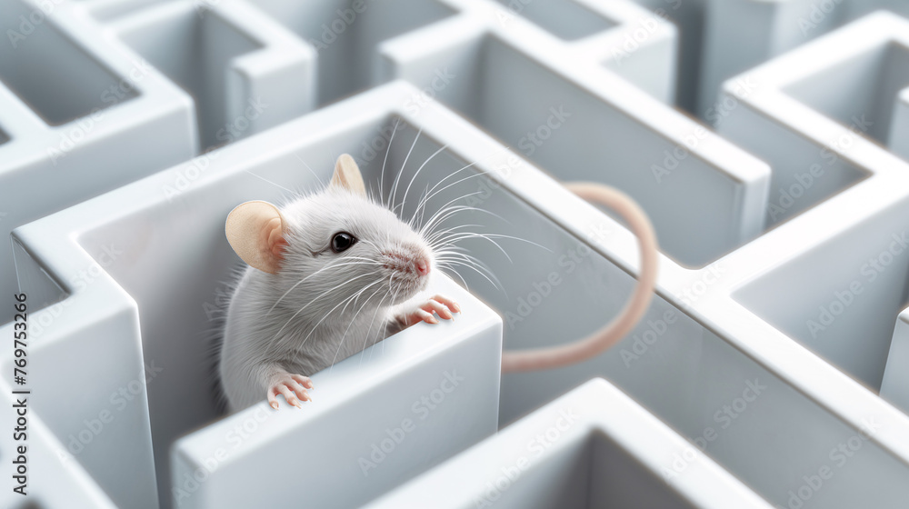 Ratón blanco de laboratorio en laberinto - obrazy, fototapety, plakaty 