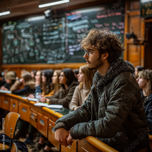 A group of students sit in a classroom with a chalkboard behind them. The chalkboard has a diagram on it that says "Razon" and "Homeno." The students are wearing backpacks