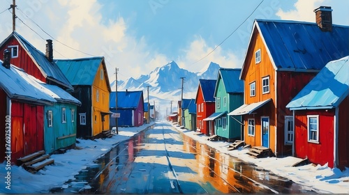 rural street town in greenland theme oil pallet knife paint painting on canvas with large brush strokes modern art illustration from Generative AI