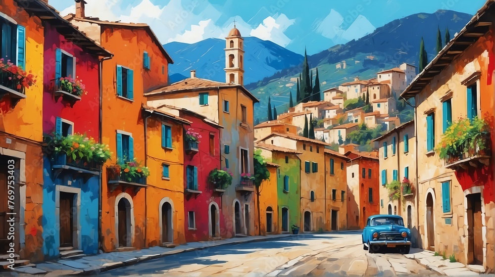 rural street town in italy theme oil pallet knife paint painting on canvas with large brush strokes modern art illustration from Generative AI - obrazy, fototapety, plakaty 