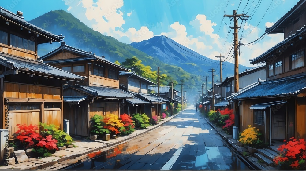 rural street town in japan theme oil pallet knife paint painting on canvas with large brush strokes modern art illustration from Generative AI