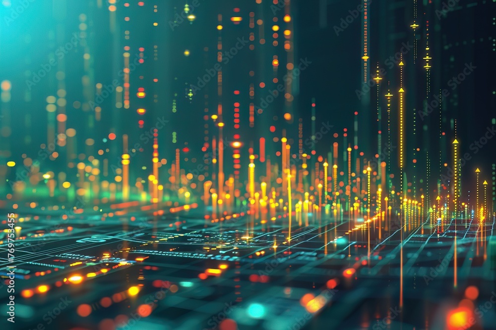 Digital landscape of market analytics, glowing arrows charting successes and setbacks Digital landscape of market analytics, glowing arrows charting successes and setbacks