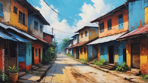 rural street town in malaysia theme oil pallet knife paint painting on canvas with large brush strokes modern art illustration from Generative AI photo