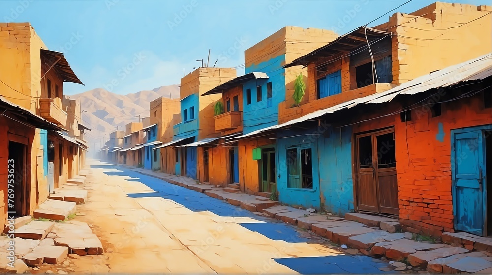 rural street town in pakistan theme oil pallet knife paint painting on canvas with large brush strokes modern art illustration from Generative AI