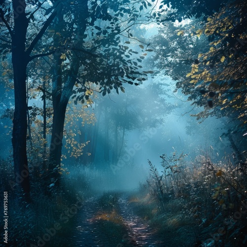 a path through a forest with trees and fog