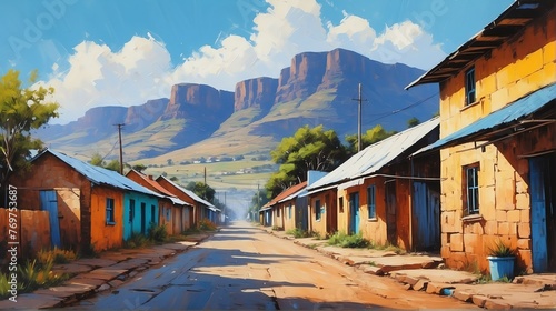 rural street town in south africa theme oil pallet knife paint painting on canvas with large brush strokes modern art illustration from Generative AI