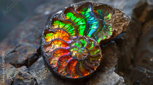 A fossilized shell is brought to life with vivid, bright mineral colors showcasing a stunning blend of history and beauty photo