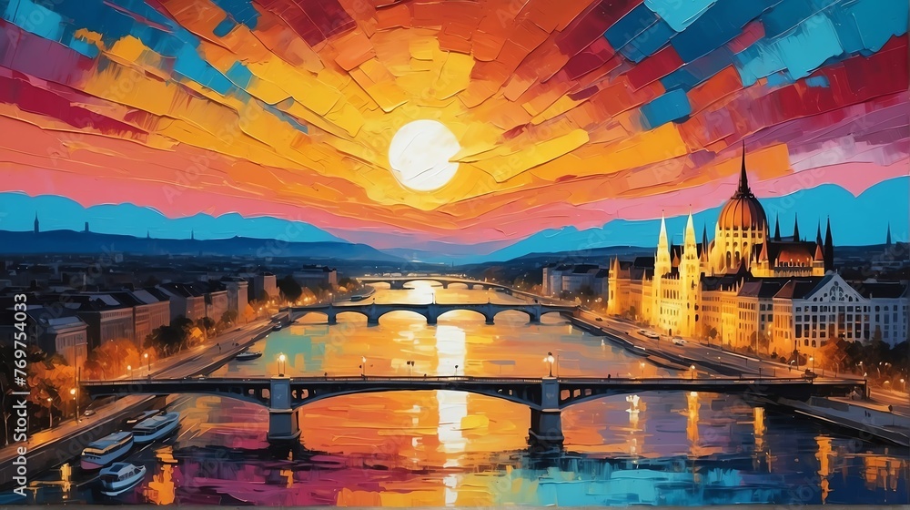 Naklejka premium Sunset in budapest hungary theme oil pallet knife paint painting on canvas with large brush strokes modern art illustration abstract from Generative AI