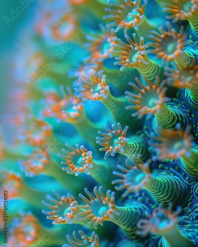 Macro image of a corals surface  revealing the tiny polyps and color patterns  great for marine ecosystem studies