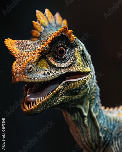 Macro image of a Dilophosaurus in advertising  capturing its flair for captivating presentations  ideal for marketing and advertising roles