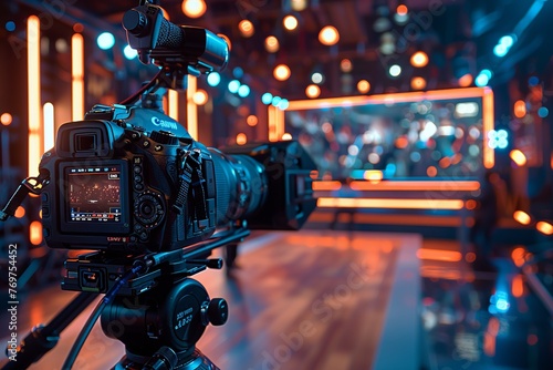 Envision a modern video camera with a digital display capturing an interview in a TV show studio. The blurred background draws focus to the camera and the recording session