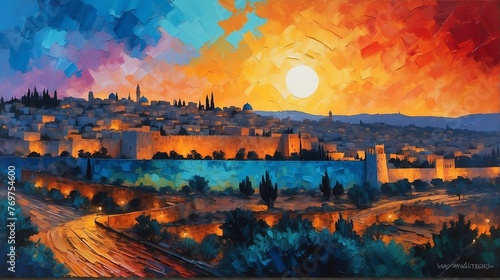 sunset in Jerusalem Israel theme oil pallet knife paint painting on canvas with large brush strokes modern art illustration from Generative AI