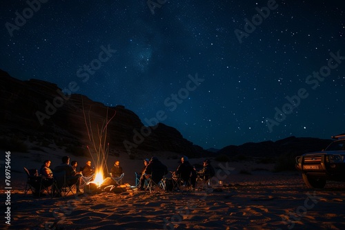 A group of friends sat around the campfire  with their camping chairs and equipment beside them  enjoying each other s company under the starry sky