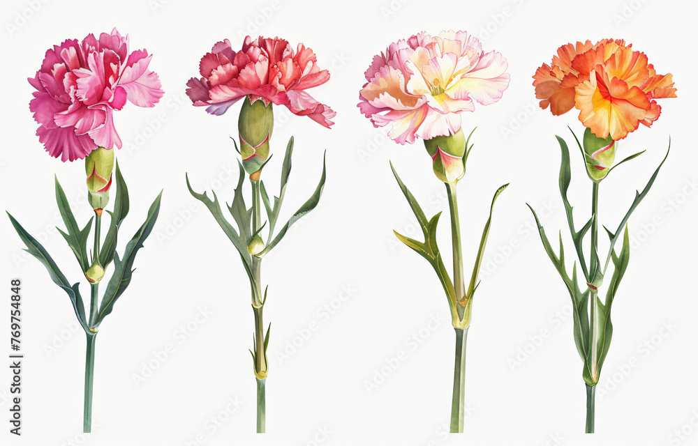 Collection of various pink carnations in different stages of bloom isolated on a white background