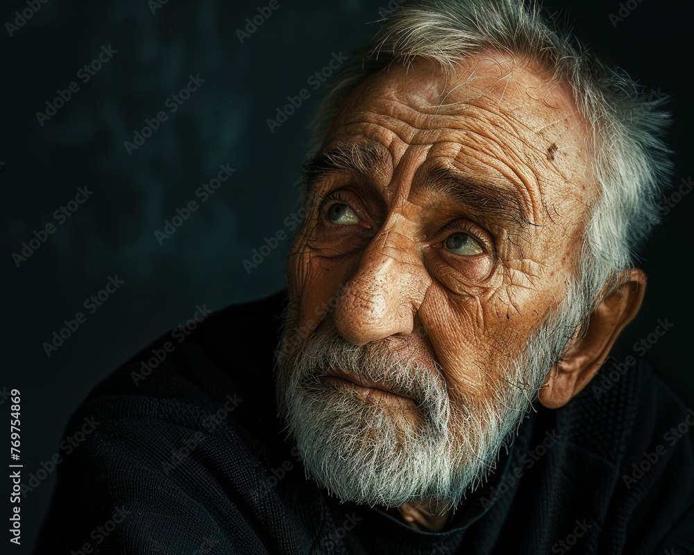 Pensive aged man looking forward, a visage of knowledge gained over decades
