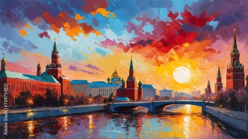 sunset in Moscow Russia theme oil pallet knife paint painting on canvas with large brush strokes modern art illustration from Generative AI