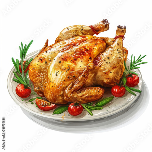 A digital illustration of a perfectly roasted chicken garnished with herbs and tomatoes.