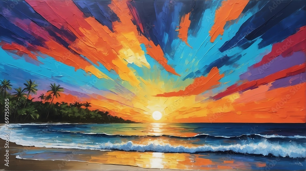 sunset in puerto rico theme oil pallet knife paint painting on canvas with large brush strokes modern art illustration abstract from Generative AI - obrazy, fototapety, plakaty 