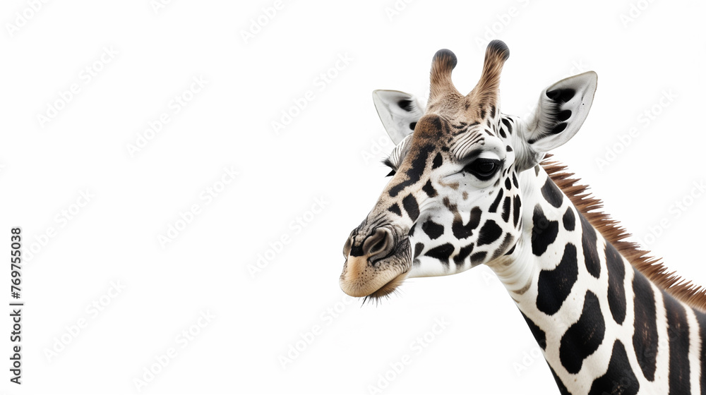 Fototapeta premium Different,Unique giraffe with zebra stripes on a white background with room for text or copy space