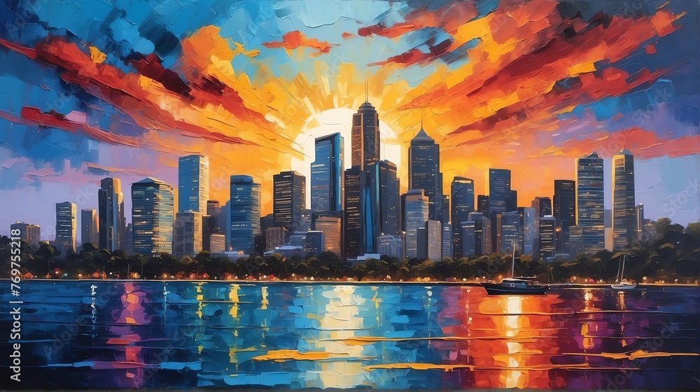 sunset in Sydney Australia theme oil pallet knife paint painting on canvas with large brush strokes modern art illustration from Generative AI - obrazy, fototapety, plakaty 