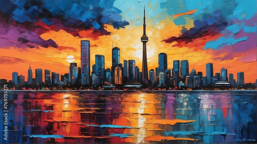 Fototapeta premium sunset in Toronto Canada theme oil pallet knife paint painting on canvas with large brush strokes modern art illustration from Generative AI