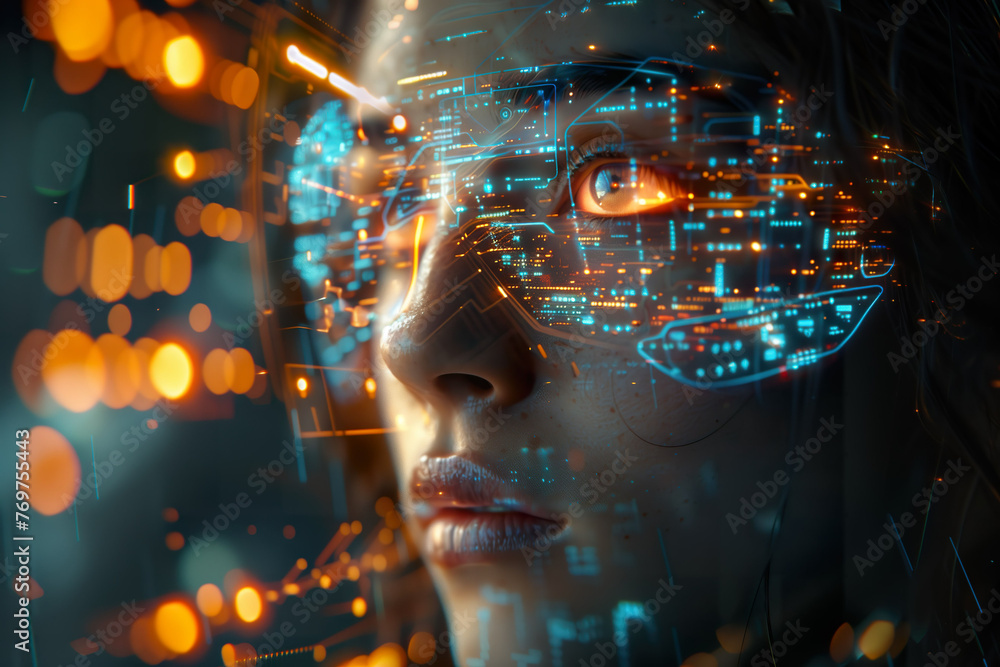 Woman with cybernetic interface graphics overlay. 