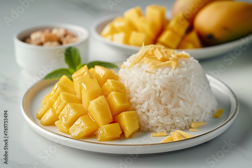 A plate of mango sticky rice drizzled with sweet coconut sauce and sprinkled with sesame seeds.  © Teeradej