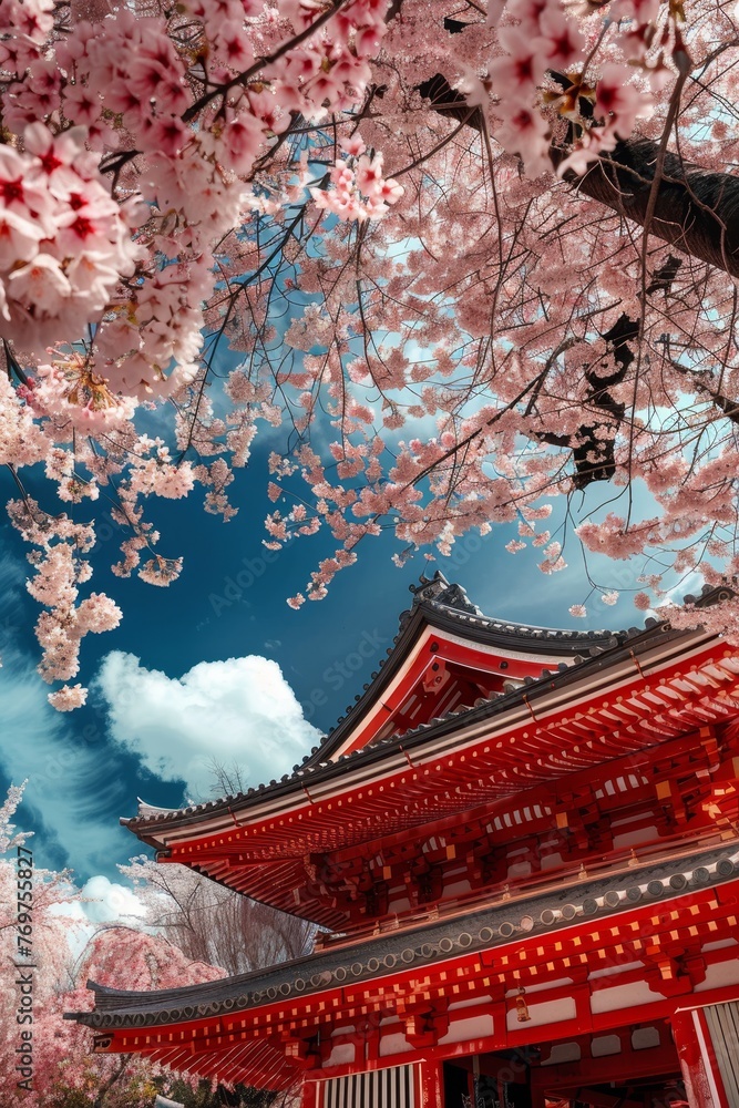 a red pagoda with pink flowers