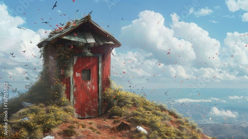 a red shed on a hill with birds flying in the sky photo
