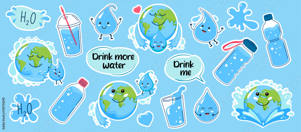 Water big stickers set. Planet Earth, water drop characters, bottle. Sticker pack. - obrazy, fototapety, plakaty 
