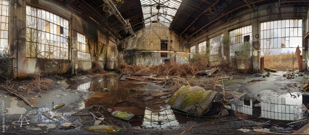 Abandoned plant captured in panoramic view.
