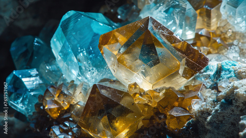 Multiple crystals in various shades cluster and sparkle, resembling a mystic cave treasure under blue light